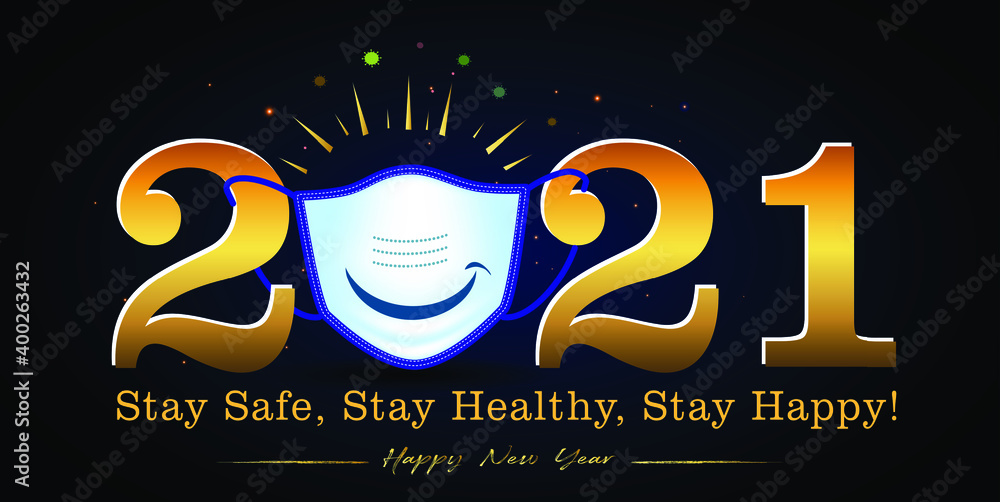 "2021" Happy New Year golden shining typographical text with medic ...