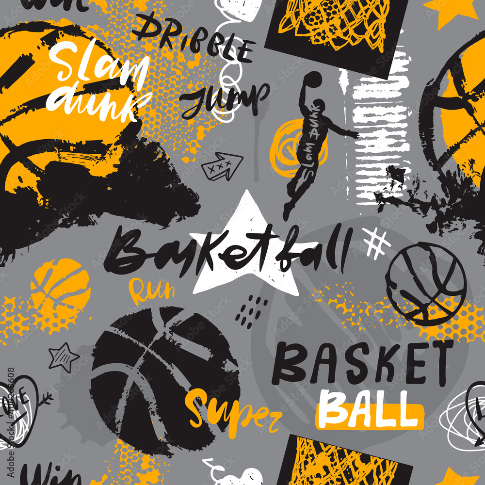 Obraz premium Seamless pattern for basketball. Hand drawing sport print, typography slogan. Print design for T-shirts. Sports background with text and ball for a boy. Sketch, grunge style.