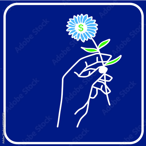 vector illustration concept, icon, hand with flower, money gift symbol 