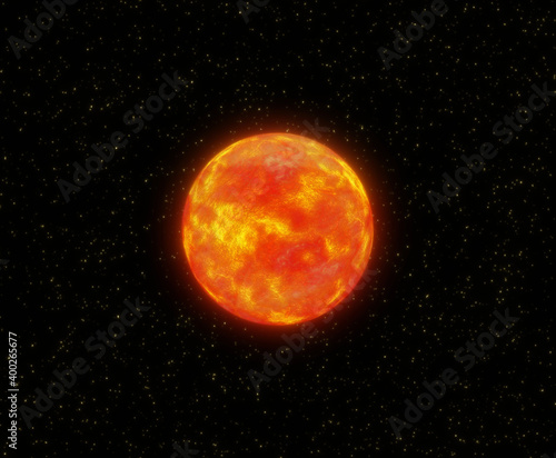 Red dwarf star in cosmos. Space flight to the red star, 3d render