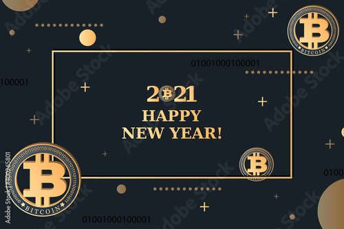 BITCOIN. Greeting card, poster. 2021. HAPPY NEW YEAR. MERRY CHRISTMAS. Crypto currency coin 