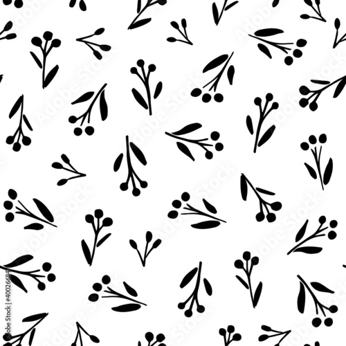 Cute drawn flower plants with leaves randomly placed to a seamless pattern.