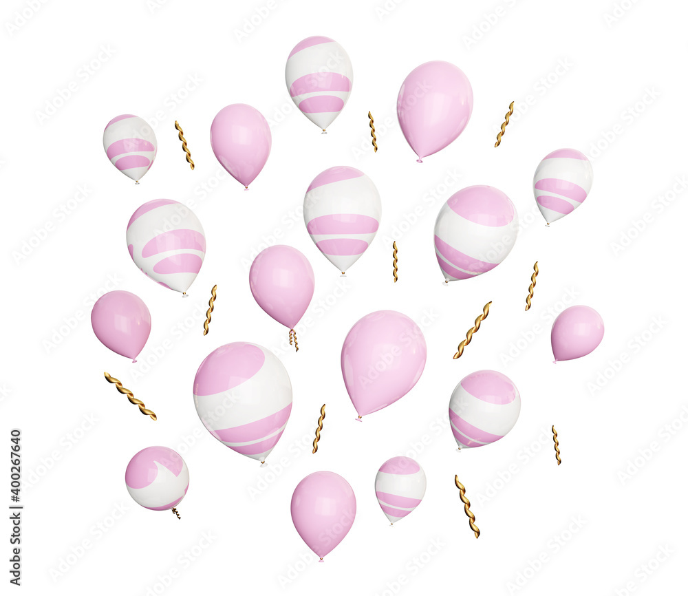 Many flying white pink color balloons isolated on white, 3d render