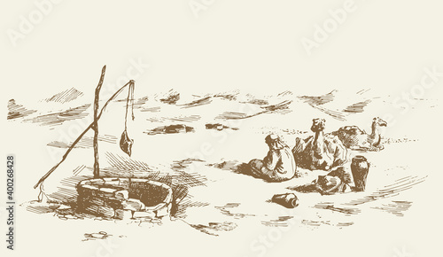 Man and camels at withered well in desert. Vector drawing