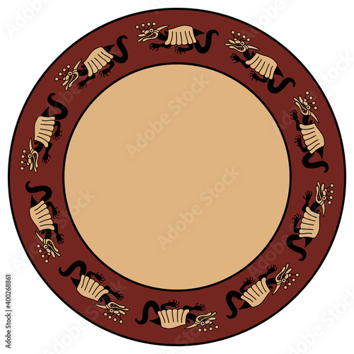 Abstract round ornament, frame or texture with fantastic creatures. Based on ancient Peruvian ethnic motif of Moche or Mochica Indians.