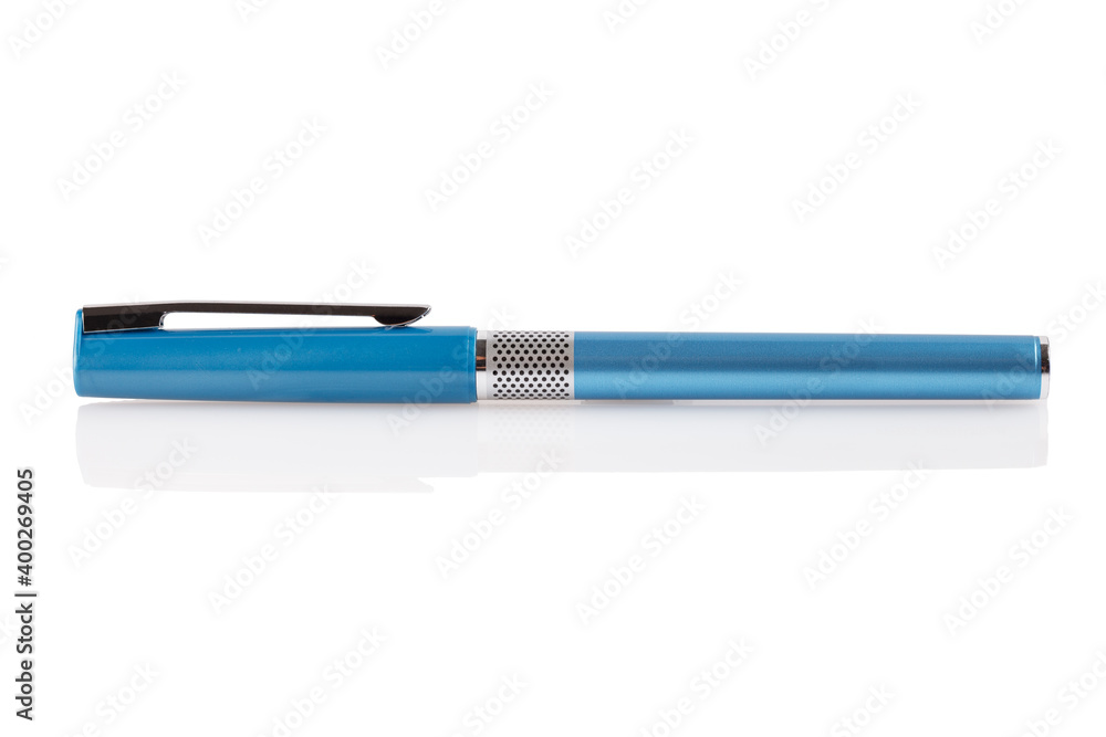 Side view of a blue ballpoint pen, isolated on a white background. Close-up. Side view of a blue ballpoint pen, isolated on a white background. Close-up.
