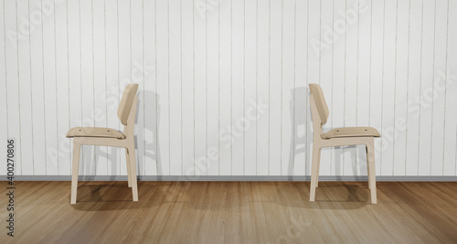 Two back-facing chairs collide. Interior of the residence Warm scenes with wooden floor patterns With free space for products or messages 3d illustration