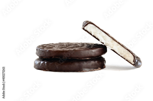 Canvas Print Stack of dark chocolate covered candies with a creamy peppermint filling and missing bite