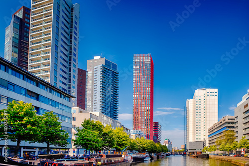Attractive Cityscape of Rotterdam City with Canal and Boats in The Netherlands.