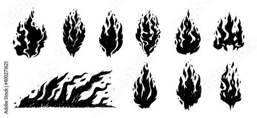 Set of hand drawn flames, isolated on white background.