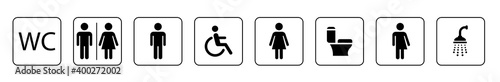 Toilet icons set, toilet signs, WC signs. WC Symbol, signs, icons, WC signs set. Man, woman, mother with baby and handicapped silhouettes isolated on white background. WC. Vector illustration.