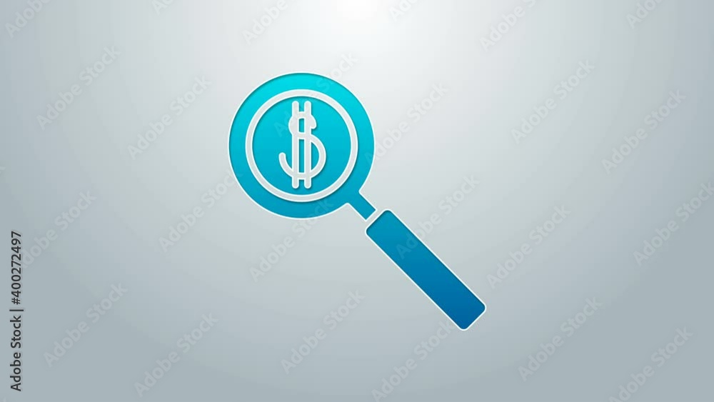 Blue line Magnifying glass and dollar symbol icon isolated on grey background. Find money. Looking for money. 4K Video motion graphic animation Blue line Magnifying glass and dollar symbol icon isolated on grey background. Find money. Looking for money. 4K Video motion graphic animation