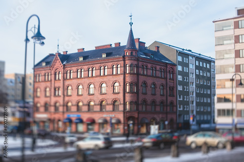 Streets of Tampere, Pirkanmaa, western part of Finland, vibrant winter city view, with town hall, church, and cathedral