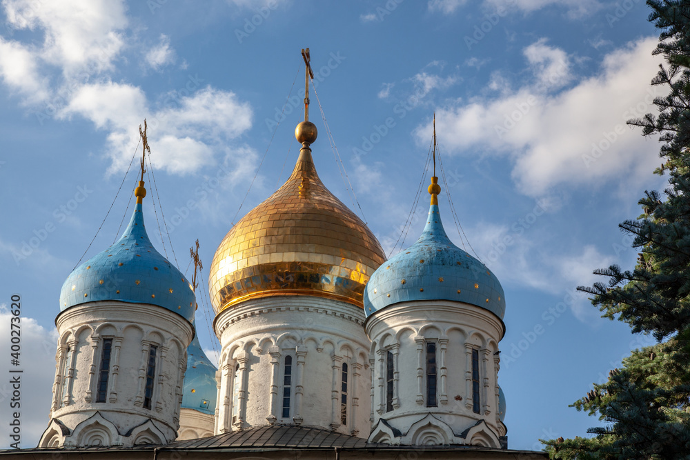 Domes of the temple close-up against the sky.