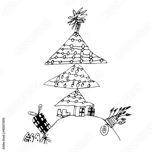 Christmas black outline drawing, kids doodle style design element. Marker pen childlike freehand art. Cute clumsy hand drawn sketch for new year kids design, greeting card, print, poster, banner.