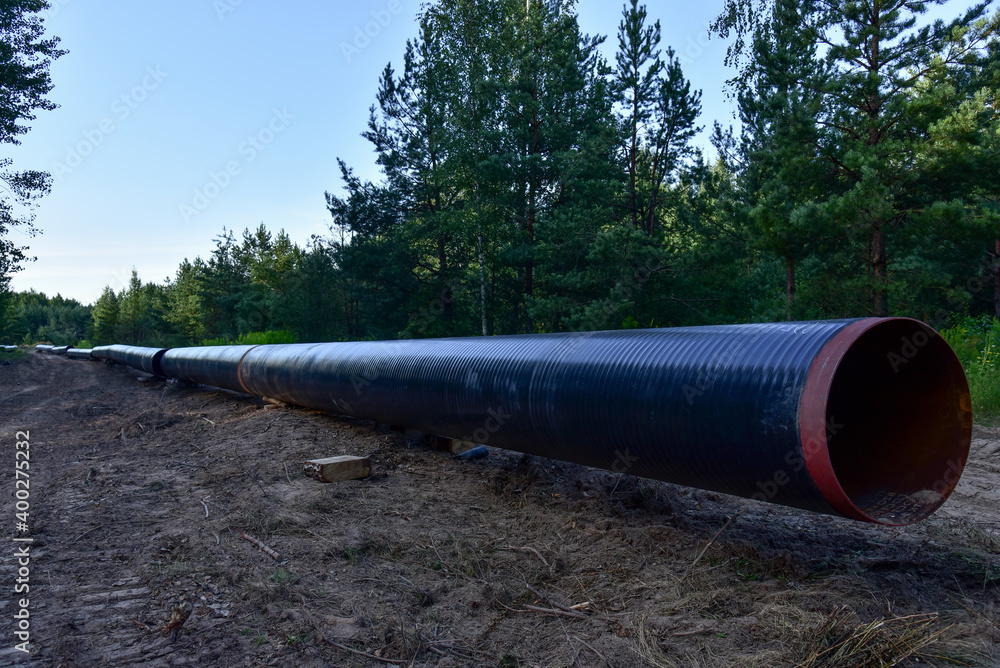 Natural gas pipeline construction work in forest area. Crude oil pipe and petrochemical pipe on top of wooden supports. Installation and construction the pipeline for transport gas to LNG plant Natural gas pipeline construction work in forest area. Crude oil pipe and petrochemical pipe on top of wooden supports. Installation and construction the pipeline for transport gas to LNG plant