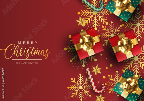 Merry Christmas gift box on decorated red background, Happy Winter Holiday Gift Concept