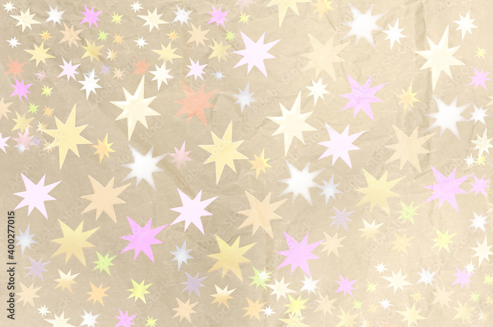 The background is made of crumpled paper with an overlay of colored stars. Background concept