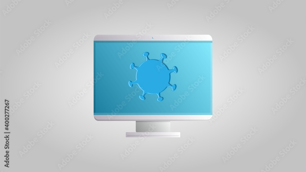 A modern digital computer with a monitor for online medicine to work on a cure for a dangerous deadly epidemic of the coronavirus Covid-19 disease virus pandemic. illustration