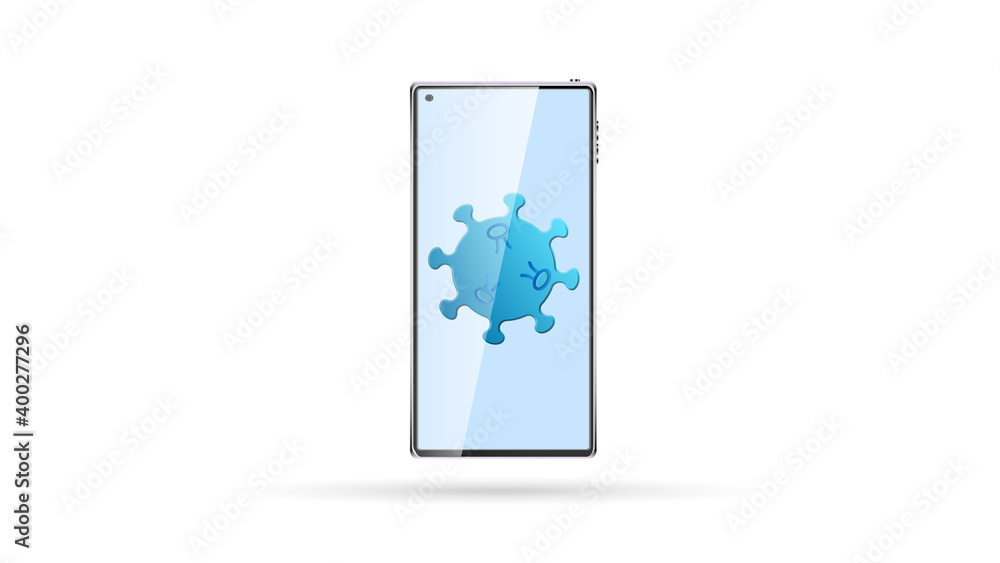 Digital modern touchscreen mobile phone smartphone on a white background and a dangerous virus infectious pandemic of the epidemic of coronovirus infection covid-19. illustration Digital modern touchscreen mobile phone smartphone on a white background and a dangerous virus infectious pandemic of the epidemic of coronovirus infection covid-19. illustration