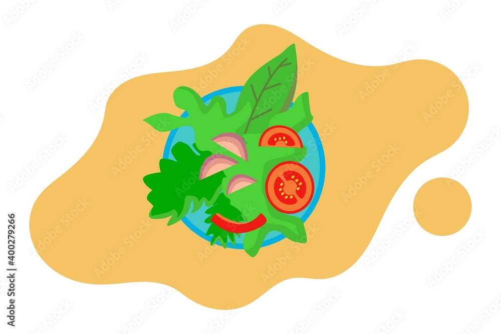 Obraz premium Special menu of delicious salads with green vegetables, tomatoes and unions. vector illustration, flat design style