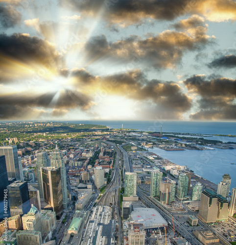 Aerial view of Toronto city skyline at dusk. Sunset sky colors