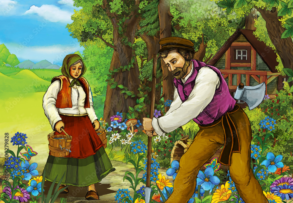 cartoon scene with farm woman and man in the forest village illustration