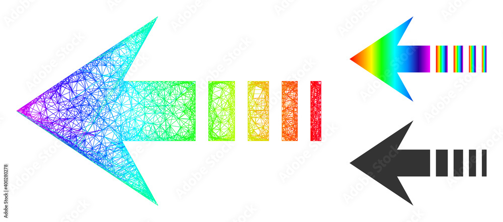 Spectrum colorful net send left, and solid spectral gradient send left icon. Crossed carcass 2D net geometric symbol based on send left icon, is created from crossed lines. Spectrum colorful net send left, and solid spectral gradient send left icon. Crossed carcass 2D net geometric symbol based on send left icon, is created from crossed lines.