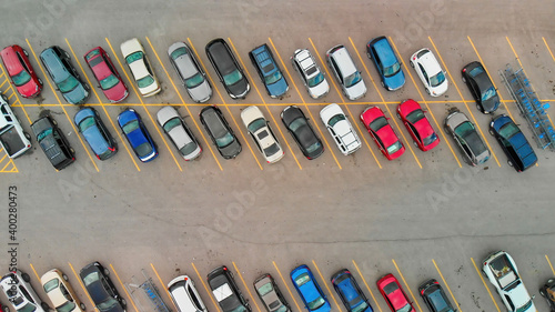 Fotografie Aerial view of cars at large outdoor parking lots, USA