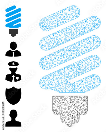 Mesh net fluorescent bulb icon with simple carcass created from fluorescent bulb vector graphics. Frame mesh polygonal fluorescent bulb. Wire carcass 2D mesh in vector EPS format.