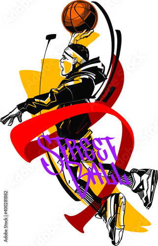 illustration of a street basketball player jumping with ball