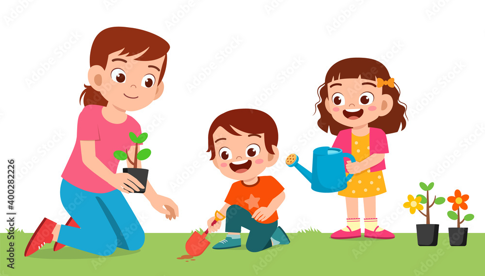 kids planting flowers clipart