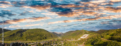 Panoramic aerial view of Vail at summer sunset, Colorado
