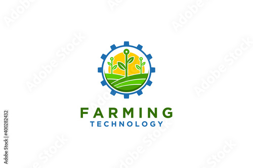 Farming technology logo design, seed plant farmland, cog wheel gear industrial icon. Nature environment.