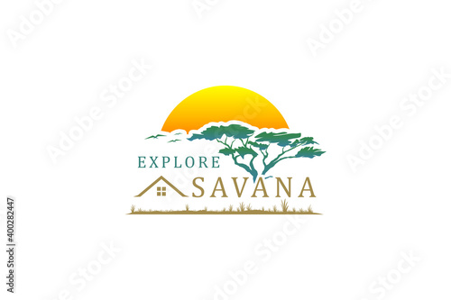 National Park logo savana africa, tree kenya sunset scene. south africa logo.