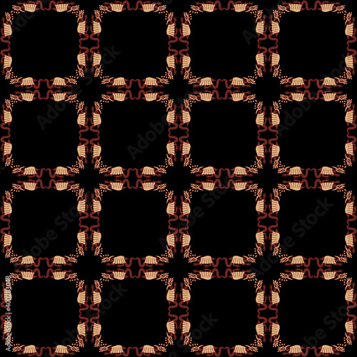 Seamless geometrical plaid pattern with ethnic motifs. Rectangular design with Native American dragons of Mochica Indians. Moche mythology of ancient Peru.