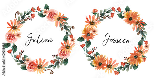 Watercolor Floral Wreath with Orange and Terracotta Flower and Leaves