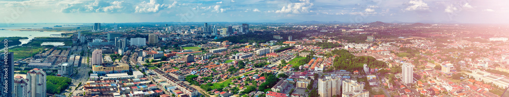 MALACCA, MALAYSIA - DECEMBER 29, 2019: Aerial view of city skyline on a beautiful sunny day, panoramic view