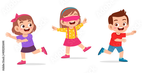 Εκτύπωση καμβά happy cute little kid boy and girl play tag blindfolded