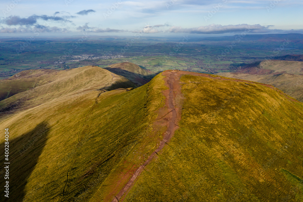 Aerial drone view of the summit on a Welsh mountain (Pen-y-Fan)