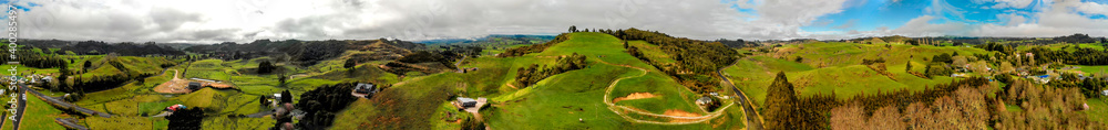 Waitomo countryside and hills in spring season, aerial view of New Zealand