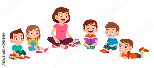 Wallpaper Mural happy cute little kids boy and girl study with teacher Torontodigital.ca