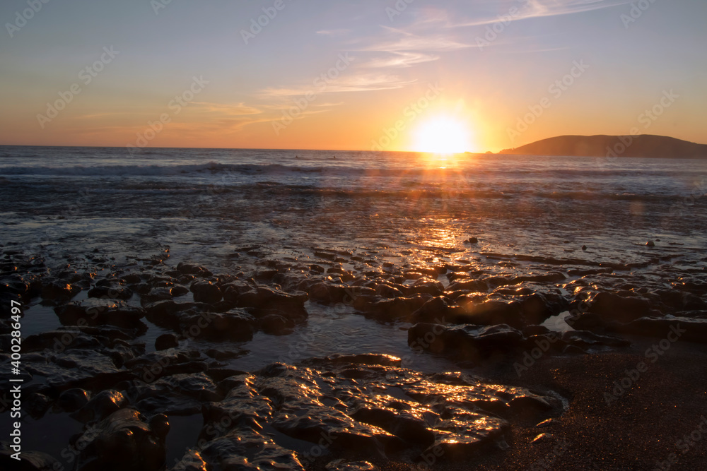 Shell Beach California, Coast Landscape, Sunset Reflection on Tidepools