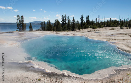 Bright Blue Geyser in Yellowstone National Park, Summer in YNP 2021