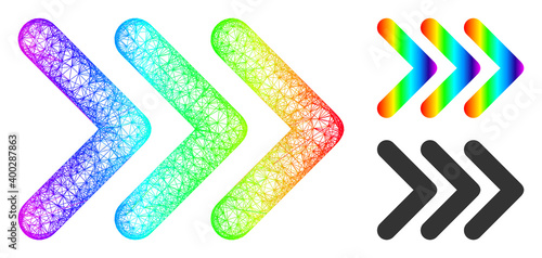 Spectrum colored crossing mesh triple arrowhead right, and solid spectrum gradient triple arrowhead right icon. Linear frame 2D net abstract image based on triple arrowhead right icon,