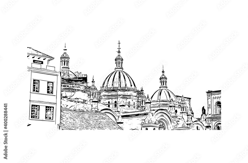 Building view with landmark of Cuenca is the
city in Ecuador. Hand drawn sketch illustration in vector.