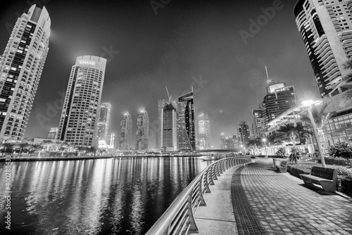 DUBAI  UAE - DECEMBER 10  2016  Skyscrapers in Dubai Marina at night  UAE