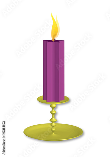 Decorative festive purple burning candle with candlestick. Shaped set of wax candle and metal candlestick. Object isolated in vector.