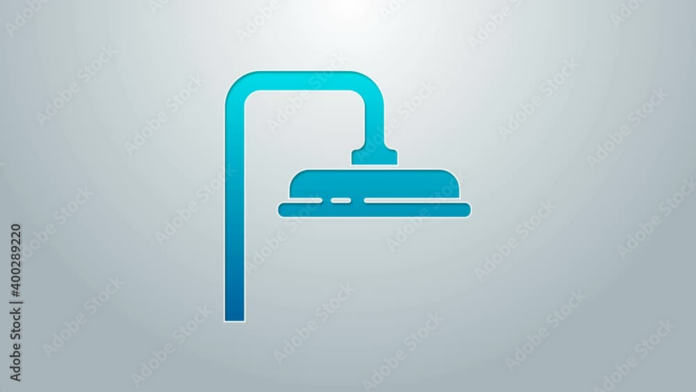Blue line Shower head with water drops flowing icon isolated on grey background. 4K Video motion graphic animation Blue line Shower head with water drops flowing icon isolated on grey background. 4K Video motion graphic animation