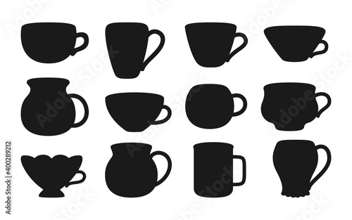 Cup with tea or coffee black silhouette set. Flat glyph modern bowl collection. Decorated different ornament. Black cartoon line trendy crockery, handle drink. Isolated vector illustration